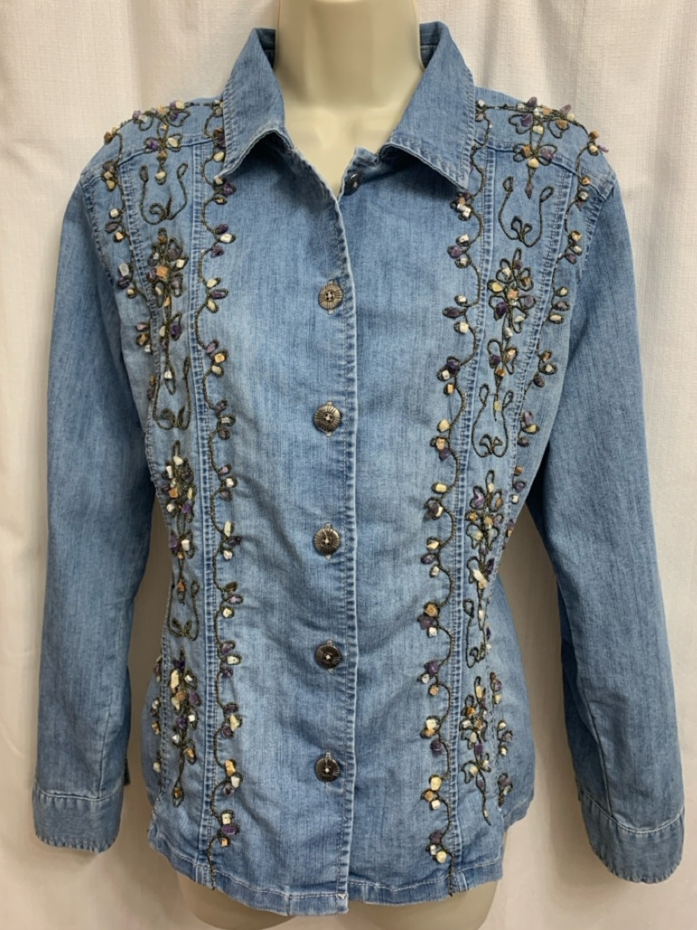Chico's Beaded Embroidered Floral Gemstone Button Front Denim Jacket RARE